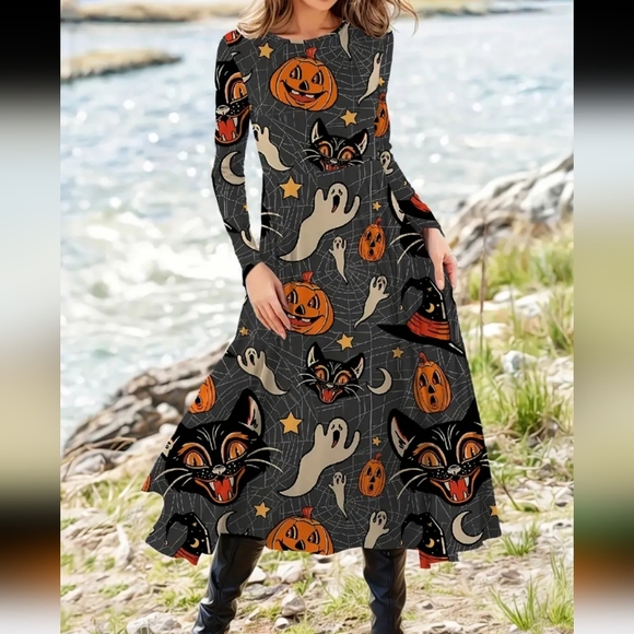 Vintage Halloween print Black cat and pumpkin Jack lantern sz XL BNWT dress fall - Picture 3 of 6
